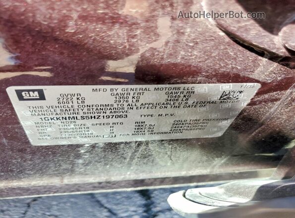 1GKKNMLS5HZ197063 2017 GMC ACADIA Burgundy Вид наклейки з VIN-кодом