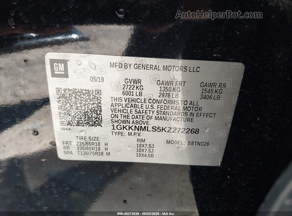 1GKKNMLS5KZ272268 2019 GMC ACADIA Black Вид підкапотного простору