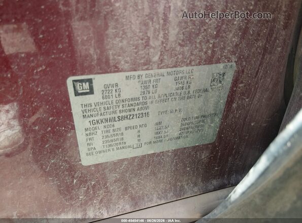 1GKKNMLS8HZ212316 2017 GMC ACADIA Red Widok komory silnika