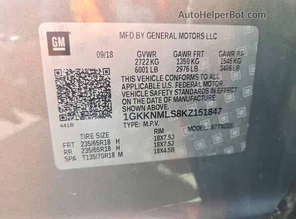 1GKKNMLS8KZ151847 2019 GMC ACADIA Gray 