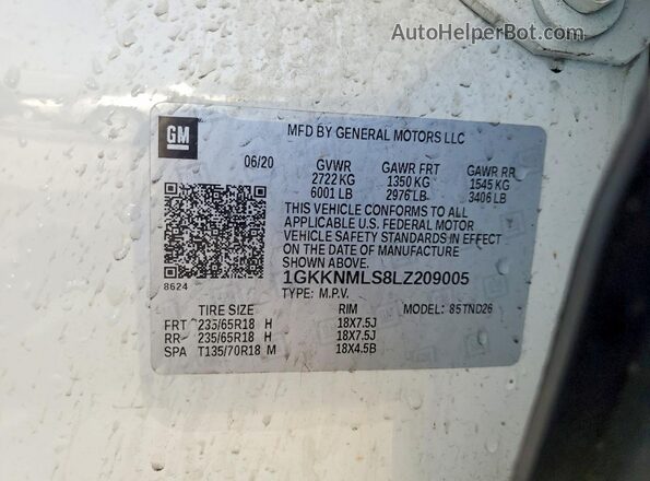 1GKKNMLS8LZ209005 2020 GMC ACADIA White Widok wnętrza 360 stopni