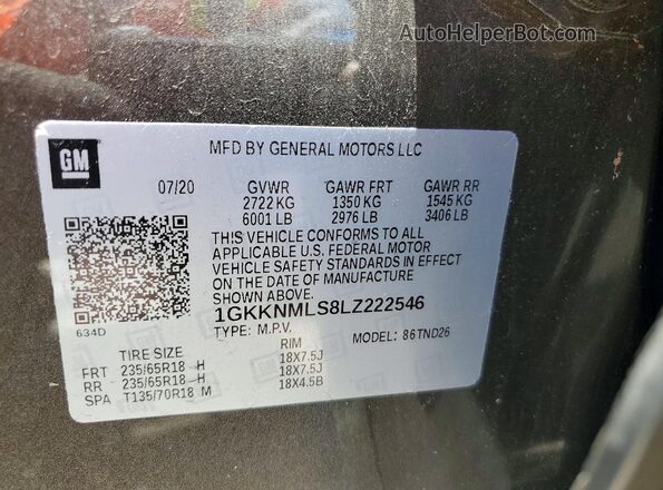 1GKKNMLS8LZ222546 2020 GMC ACADIA Maroon VIN კოდის სტიკერის ხედი