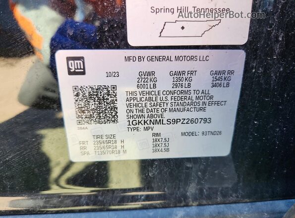1GKKNMLS9PZ260793 2023 GMC ACADIA Черный Вид наклейки с VIN-кодом