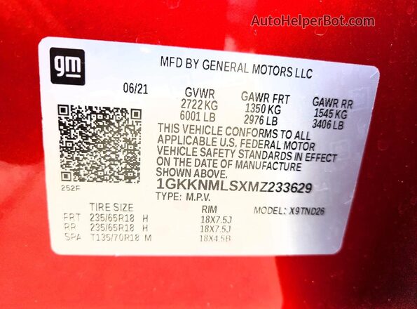 1GKKNMLSXMZ233629 2021 GMC ACADIA Red VIN կոդի պիտակի տեսք