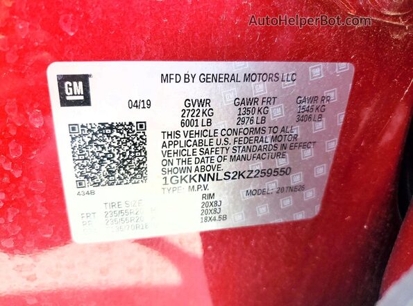 1GKKNNLS2KZ259550 2019 GMC ACADIA Burgundy Սալոնի 360 աստիճան տեսք