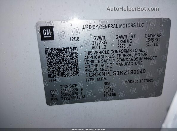 1GKKNPLS1KZ190040 2019 GMC ACADIA Белый Вид подкапотного пространства