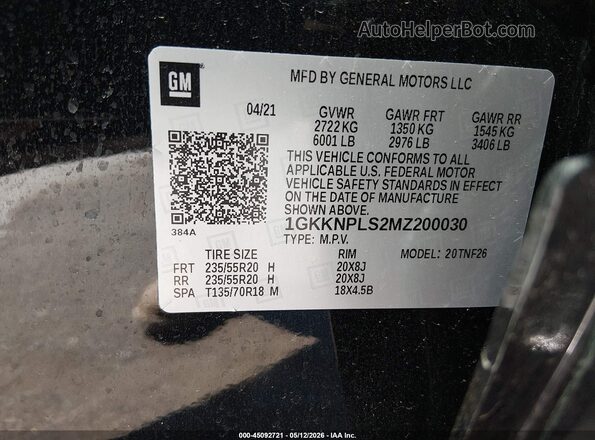 1GKKNPLS2MZ200030 2021 GMC ACADIA Black 