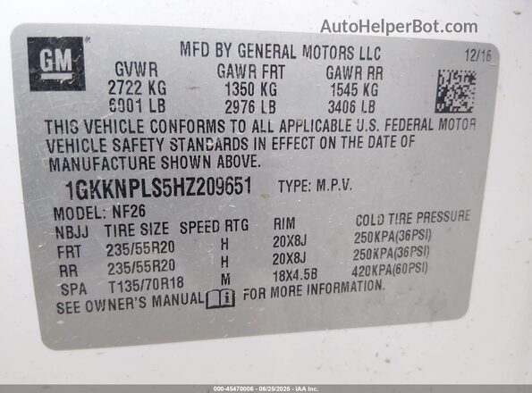 1GKKNPLS5HZ209651 2017 GMC ACADIA White Вид підкапотного простору