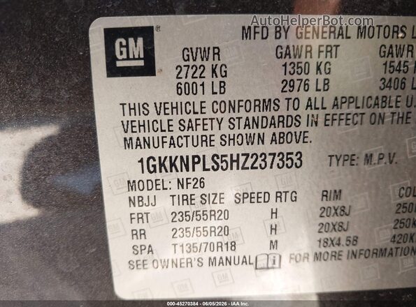 1GKKNPLS5HZ237353 2017 GMC ACADIA Gray Շարժիչի բաժամունքի տեսք