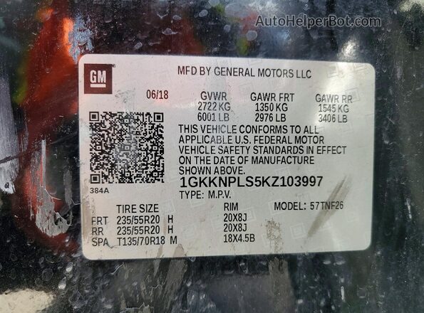1GKKNPLS5KZ103997 2019 GMC ACADIA Black Vista interior de 360 grados