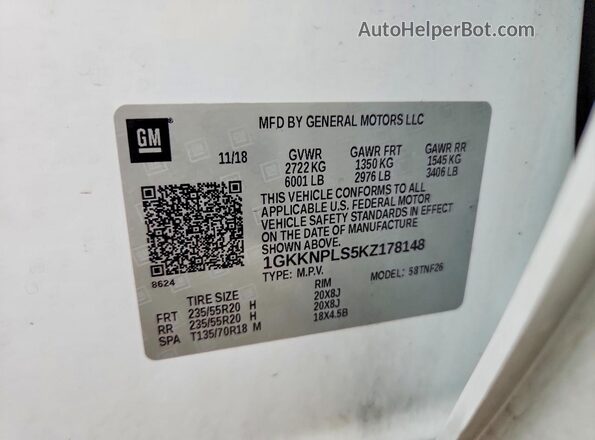 1GKKNPLS5KZ178148 2019 GMC ACADIA White VIN sticker view