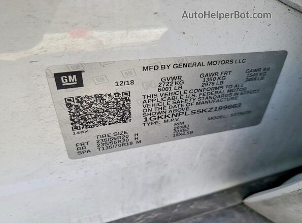 1GKKNPLS5KZ199663 2019 GMC ACADIA White VIN კოდის სტიკერის ხედი