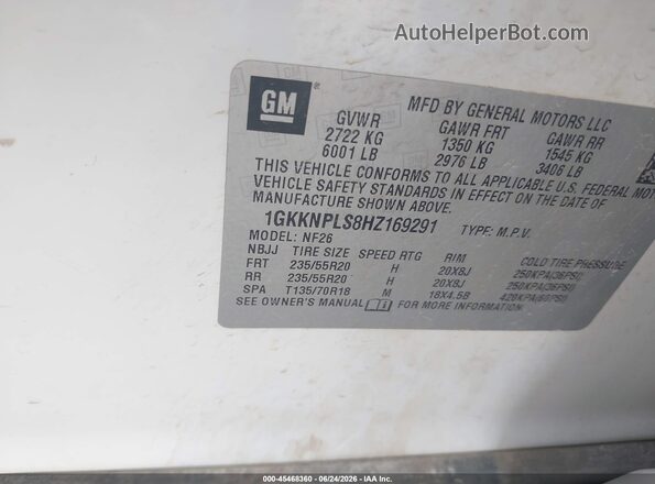 1GKKNPLS8HZ169291 2017 GMC ACADIA White Engine compartment view