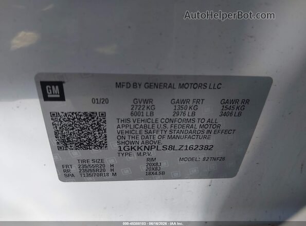 1GKKNPLS8LZ162382 2020 GMC ACADIA Белый Вид подкапотного пространства