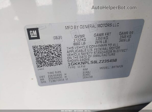 1GKKNPLS8LZ235458 2020 GMC ACADIA Белый Вид подкапотного пространства