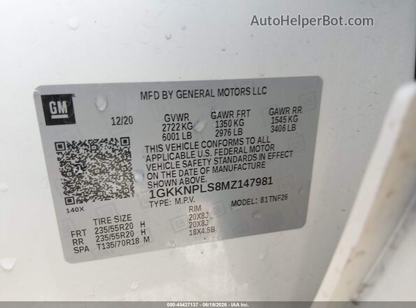 1GKKNPLS8MZ147981 2021 GMC ACADIA White Engine compartment view