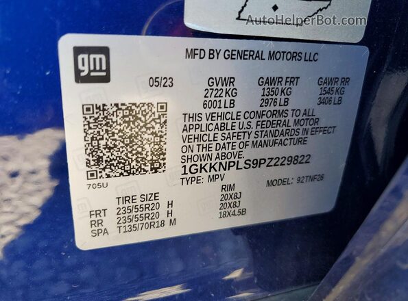 1GKKNPLS9PZ229822 2023 GMC ACADIA Blue Widok naklejki z numerem VIN