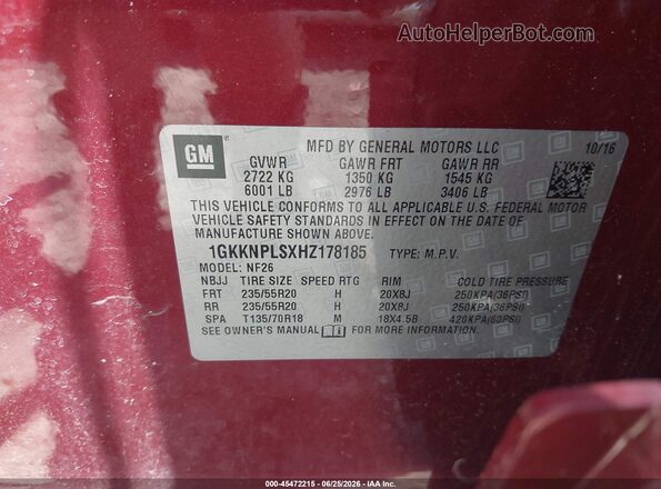 1GKKNPLSXHZ178185 2017 GMC ACADIA Maroon Vista del compartimento del motor