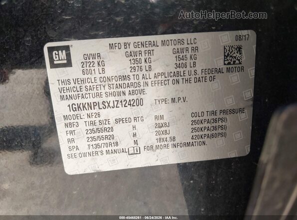 1GKKNPLSXJZ124200 2018 GMC ACADIA Black Widok komory silnika