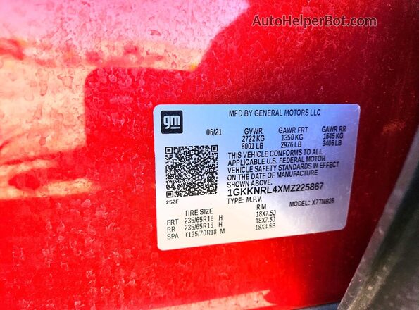 1GKKNRL4XMZ225867 2021 GMC ACADIA Red VIN კოდის სტიკერის ხედი