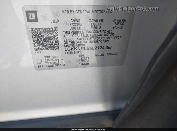 1GKKNRLS5LZ124488 2020 GMC ACADIA Gray ძრავის განყოფილების ხედი