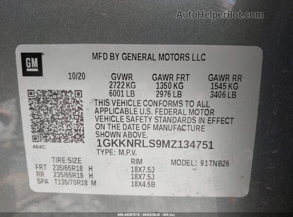 1GKKNRLS9MZ134751 2021 GMC ACADIA Gray Вид підкапотного простору