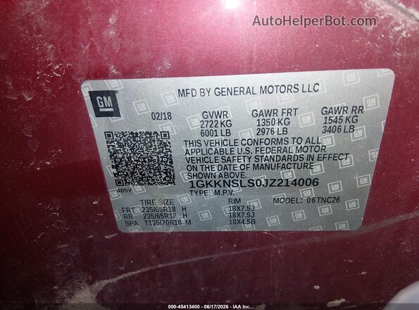 1GKKNSLS0JZ214006 2018 GMC ACADIA Maroon Widok komory silnika