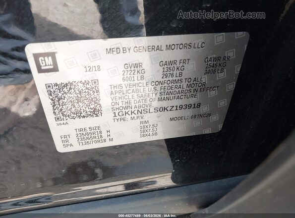 1GKKNSLS0KZ193918 2019 GMC ACADIA Black Շարժիչի բաժամունքի տեսք