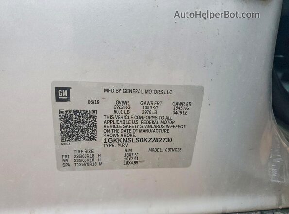 1GKKNSLS0KZ282730 2019 GMC ACADIA Silver Widok naklejki z numerem VIN