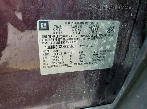 1GKKNSLS3HZ278681 2017 GMC ACADIA Purple Вид наклейки з VIN-кодом