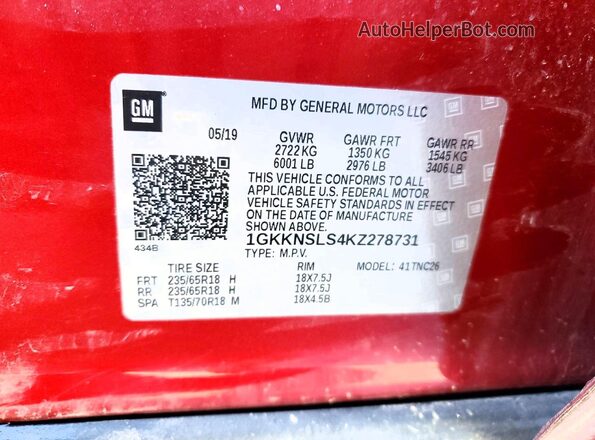 1GKKNSLS4KZ278731 2019 GMC ACADIA Burgundy VIN sticker view