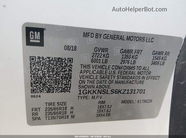 1GKKNSLS6KZ131701 2019 GMC ACADIA White Vista del compartimento del motor