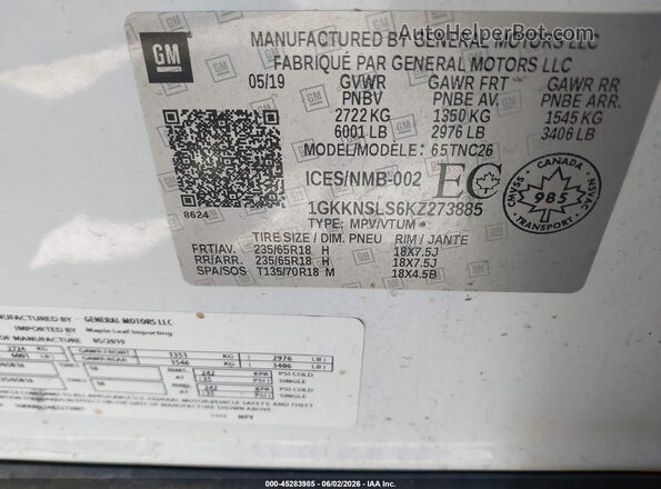 1GKKNSLS6KZ273885 2019 GMC ACADIA White Շարժիչի բաժամունքի տեսք