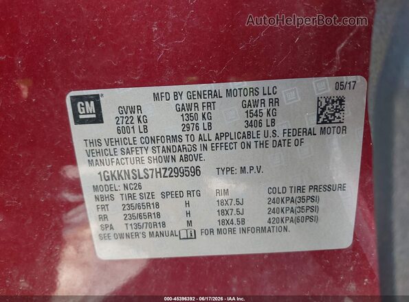 1GKKNSLS7HZ299596 2017 GMC ACADIA Red Вид підкапотного простору