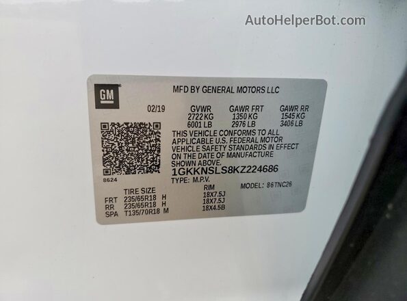 1GKKNSLS8KZ224686 2019 GMC ACADIA Белый Вид наклейки с VIN-кодом