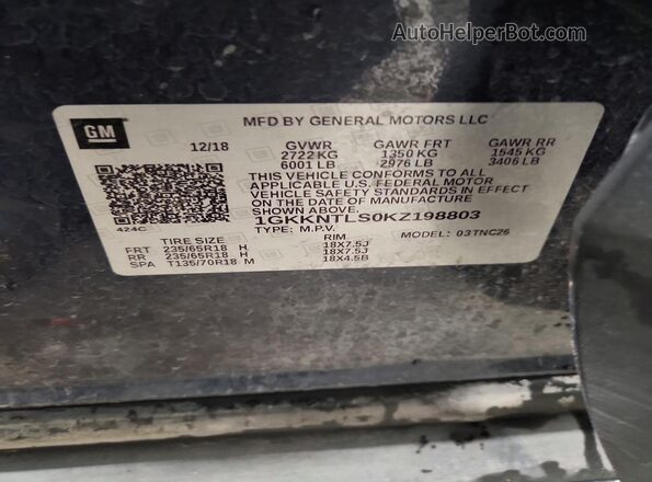 1GKKNTLS0KZ198803 2019 GMC ACADIA Угольный Вид наклейки с VIN-кодом
