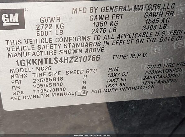 1GKKNTLS4HZ210766 2017 GMC ACADIA Black Вид підкапотного простору