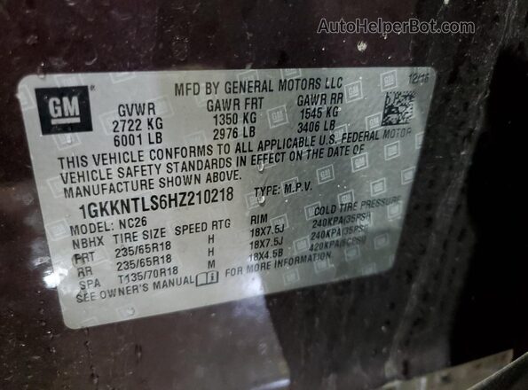 1GKKNTLS6HZ210218 2017 GMC ACADIA Бордовый Вид наклейки с VIN-кодом