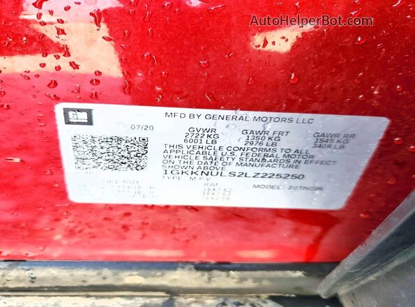 1GKKNULS2LZ225250 2020 GMC ACADIA Red Вид наклейки з VIN-кодом
