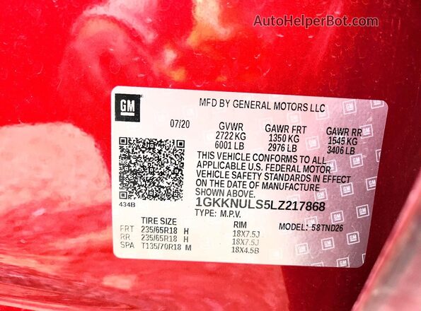 1GKKNULS5LZ217868 2020 GMC ACADIA Red VIN կոդի պիտակի տեսք