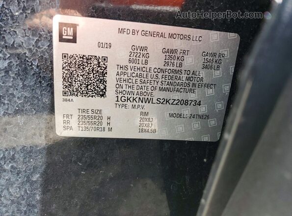 1GKKNWLS2KZ208734 2019 GMC ACADIA Black VIN կոդի պիտակի տեսք