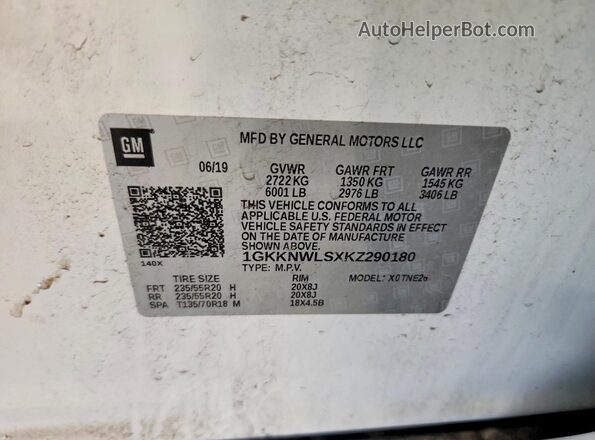 1GKKNWLSXKZ290180 2019 GMC ACADIA White VIN კოდის სტიკერის ხედი