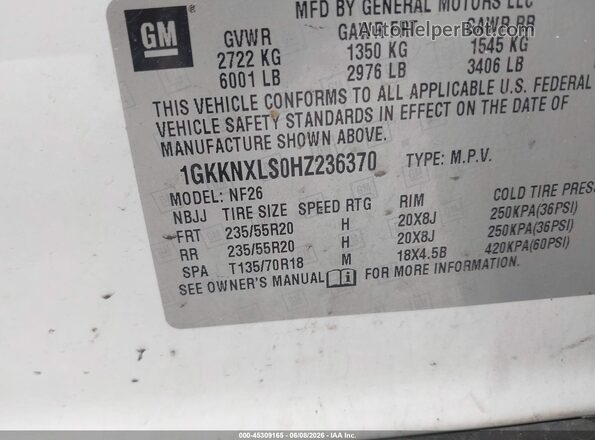 1GKKNXLS0HZ236370 2017 GMC ACADIA White Вид підкапотного простору