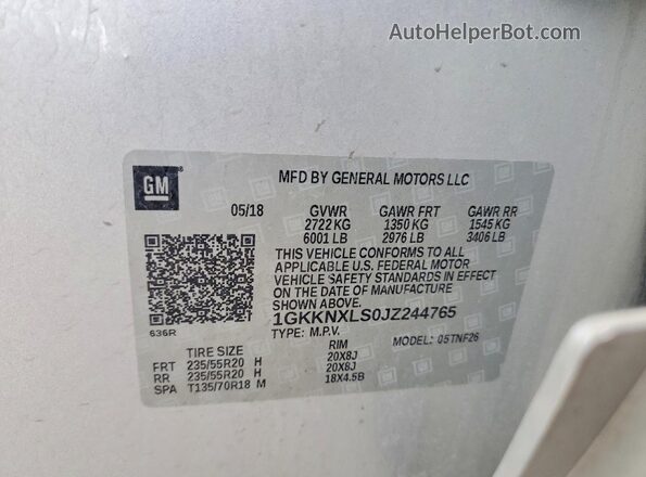 1GKKNXLS0JZ244765 2018 GMC ACADIA Silver Vista de la etiqueta del VIN