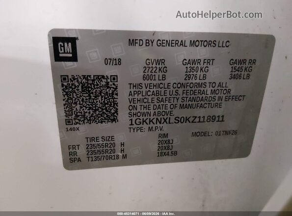 1GKKNXLS0KZ118911 2019 GMC ACADIA White Widok komory silnika