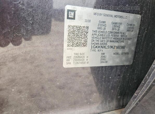1GKKNXLS0KZ182382 2019 GMC ACADIA Gray VIN sticker view