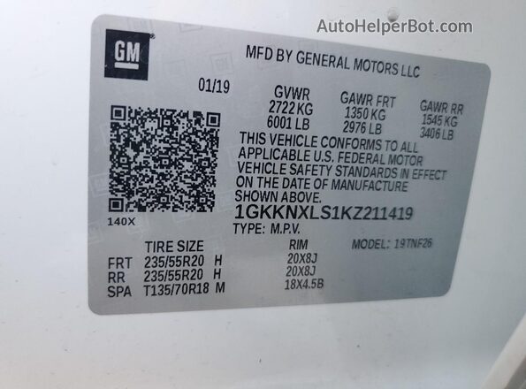 1GKKNXLS1KZ211419 2019 GMC ACADIA White Widok wnętrza 360 stopni