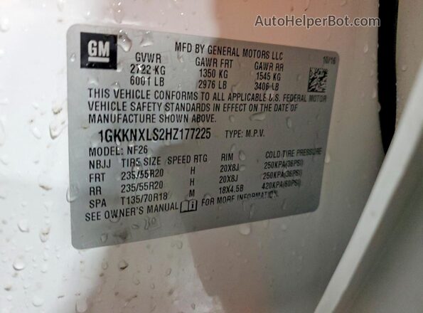 1GKKNXLS2HZ177225 2017 GMC ACADIA Белый Вид подкапотного пространства