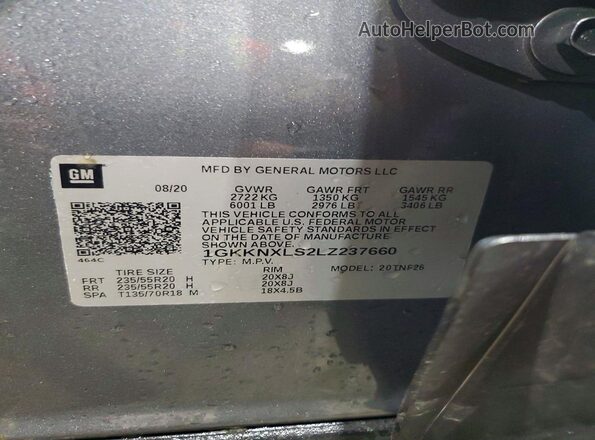 1GKKNXLS2LZ237660 2020 GMC ACADIA Gray VIN sticker view