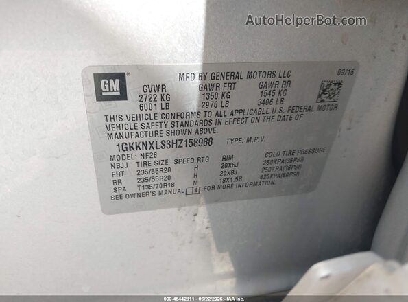 1GKKNXLS3HZ158988 2017 GMC ACADIA Silver ძრავის განყოფილების ხედი